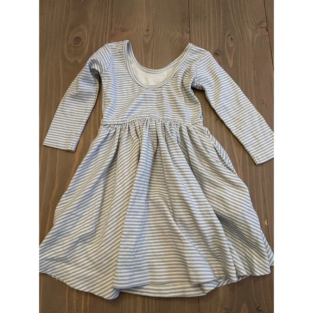 K19 Good Apples Girls 3T Organic Cotton Blue‎ White Striped Long Sleeve  Dress